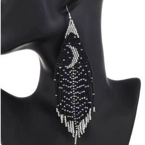 NWOT Celestial Crescent Moon Dangle Beaded Fringe Earrings - 5.5"
